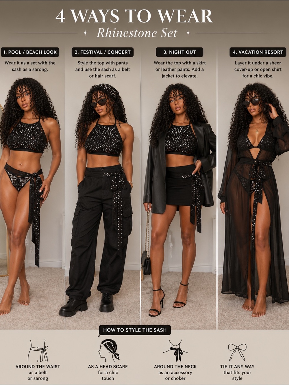 Swim set Banjul Black Mesh Rhinestone 3 Halter Piece Bikini Set With Sash